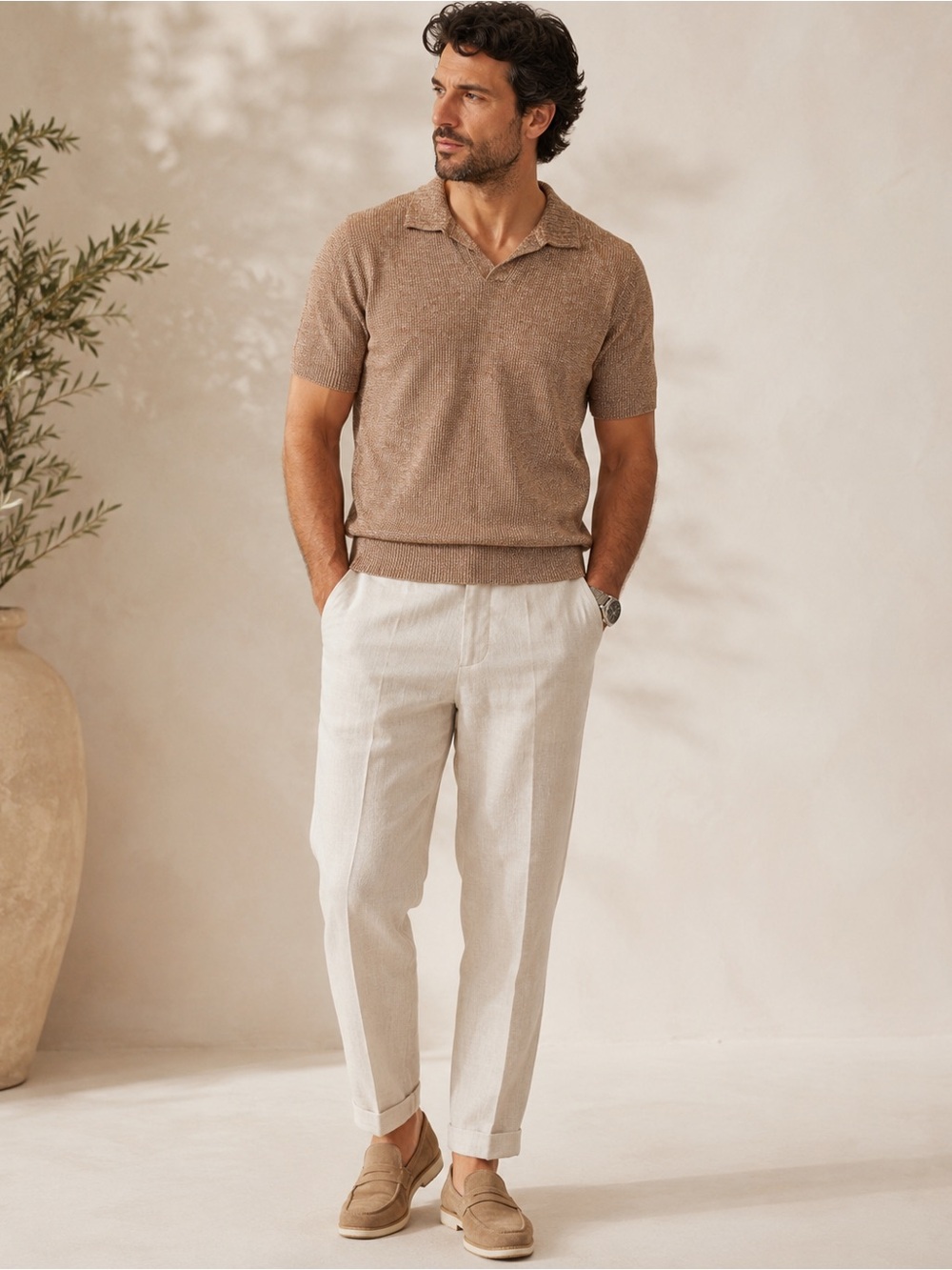 Gran Sasso Men's Short Sleeve Polo Sweater in Heathered Tan 68% linen/32% cotton